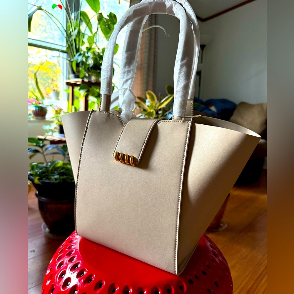 Charles & Keith Osiris Metallic Accent Trapeze Tote- Beige